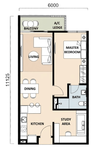 2R1B - 695sq.ft